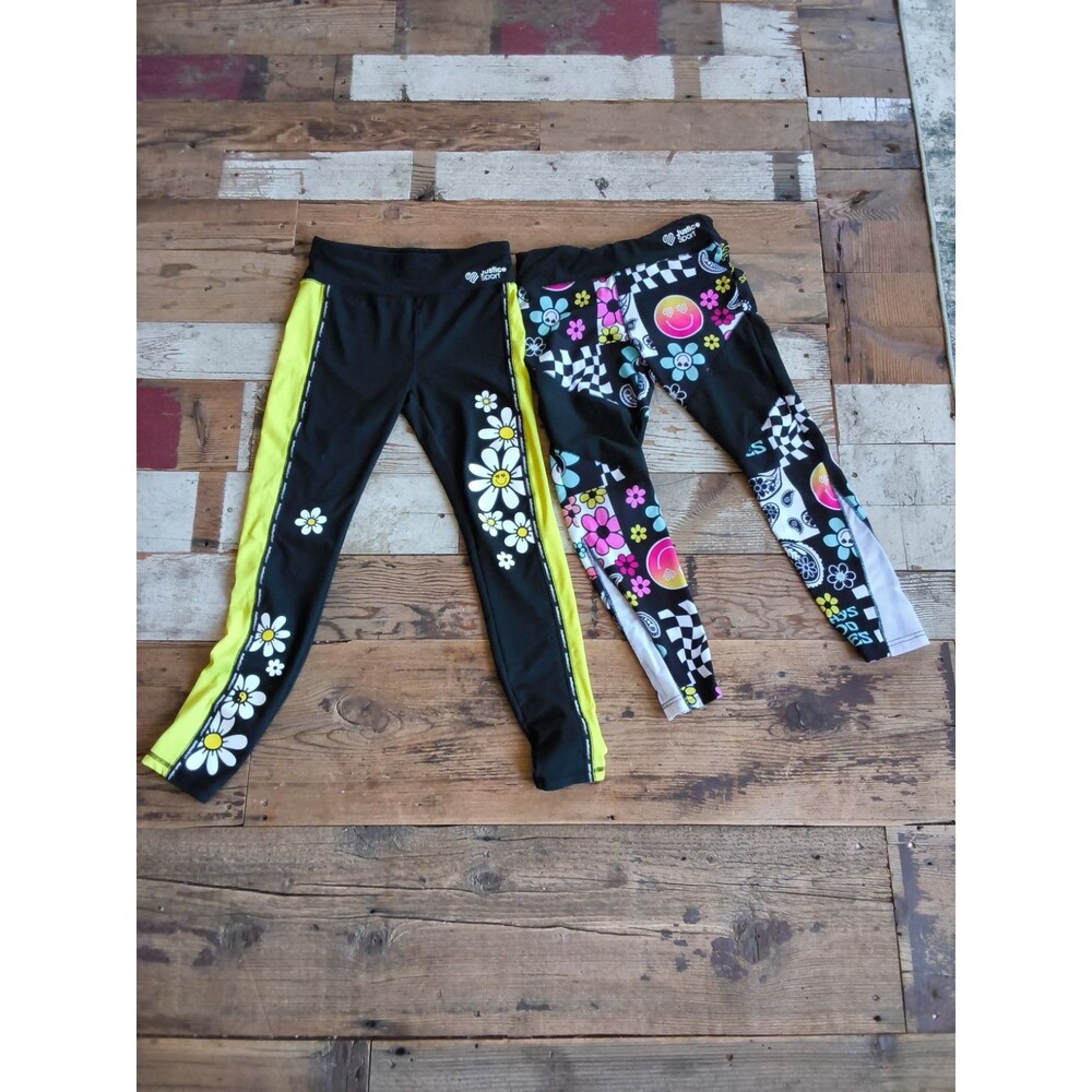 Justice Leggings Girls XL Black Stretch Pants Flowers 70s Hippie Love Lot of 2